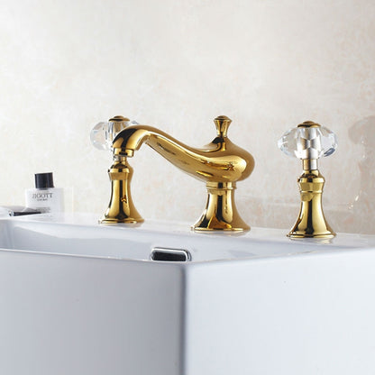 Beautiful Golden Deck Mounted Crystal Handle Bathroom Mixer Faucet 