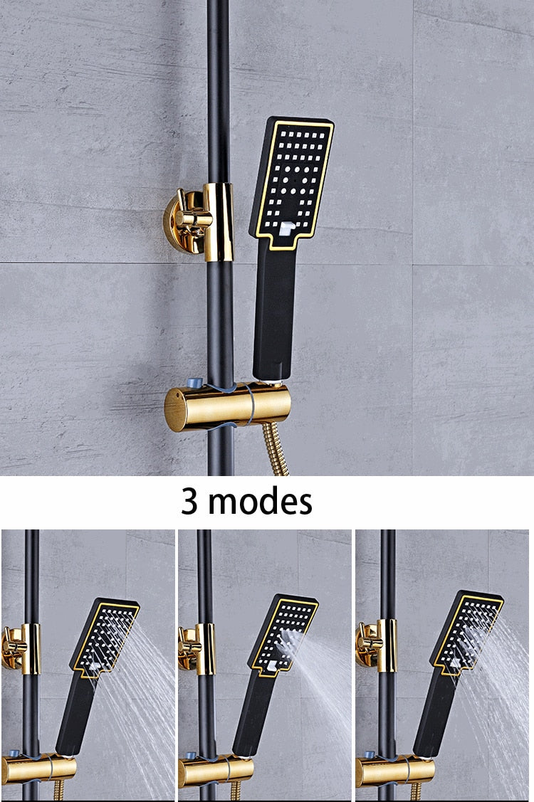 Juno Black & Gold Rain Shower System Thermostatic LED Digital Display Mixer