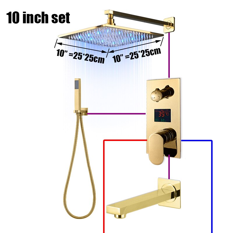 Juno Polished Gold 3 Way LCD Mixer Valve With Digital Display Bath Shower Faucet