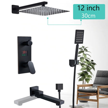 Juno Unique Matte Black Rainfall Shower Head With Digital Mixer & Tub Spout Faucet Set