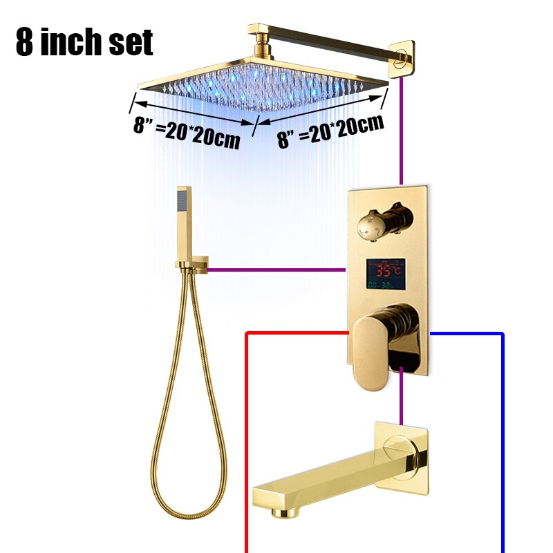 Juno Polished Gold 3 Way LCD Mixer Valve With Digital Display Bath Shower Faucet