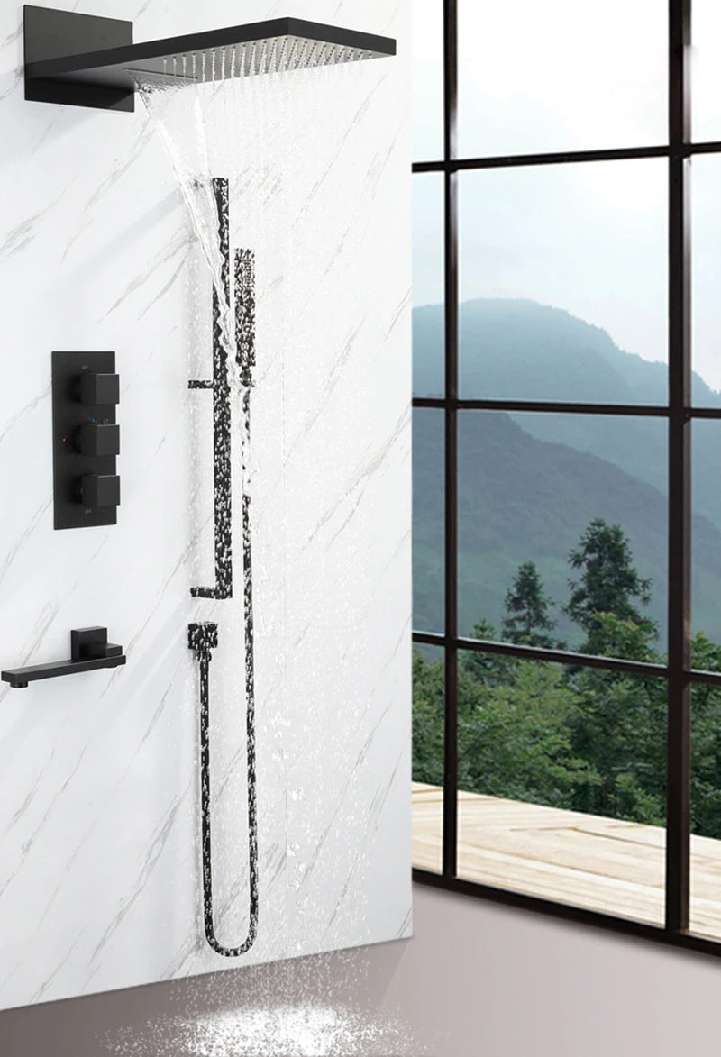 Juno Black Thermostatic Bathroom  Rain Shower Faucet Set