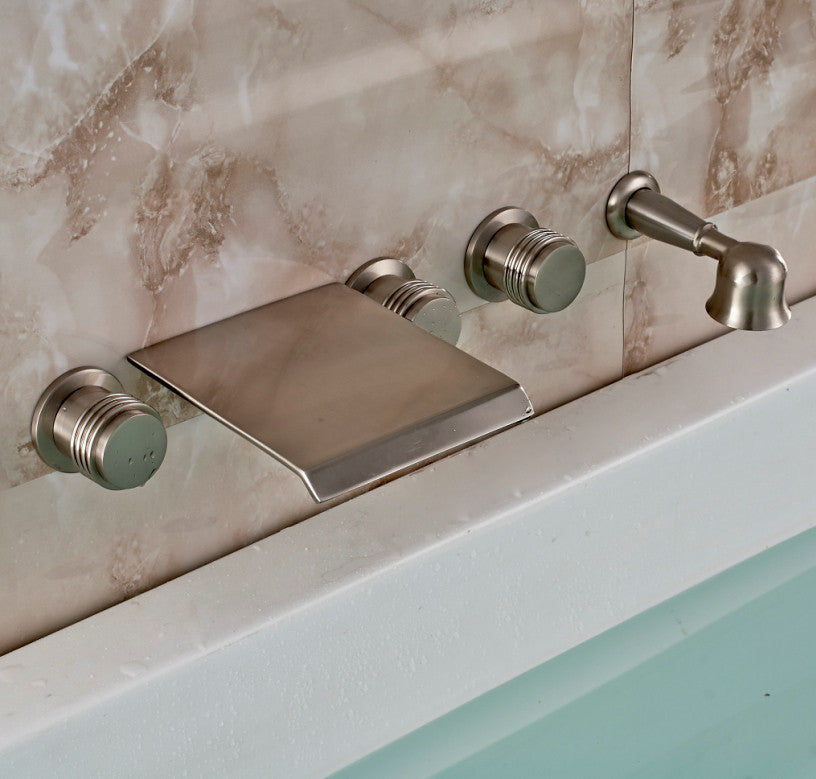 Juno Wall Mounted Brushed Nickel Bathtub Shower Faucet Mixer Tap With Hand Held Shower