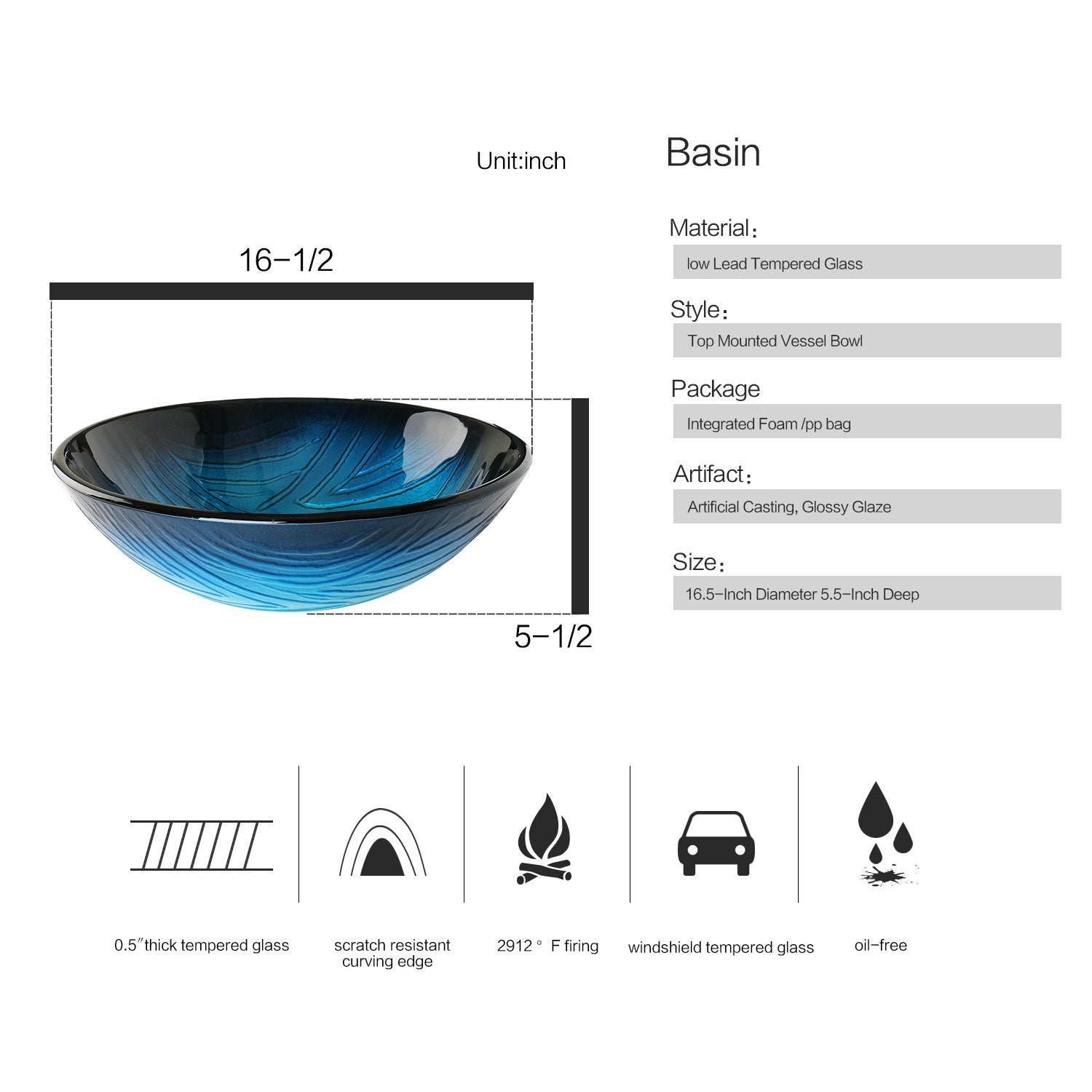 Bracilia Blue Bathroom Vessel Sink With Faucet