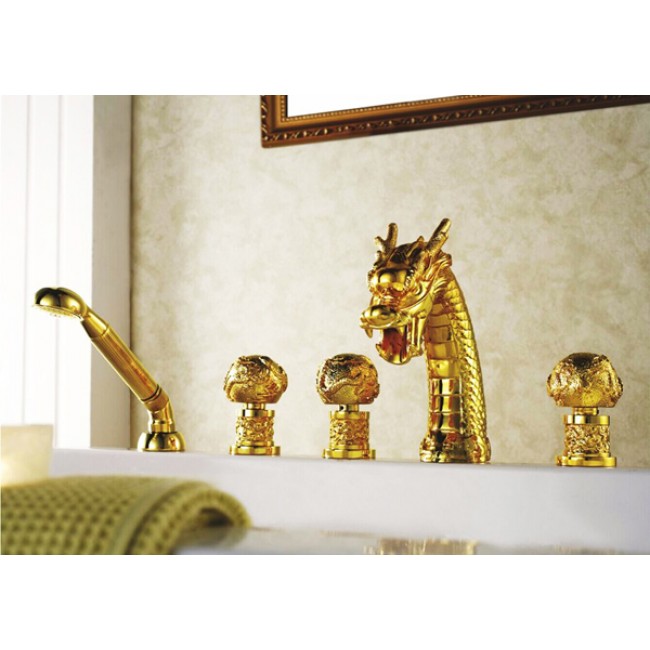 5 pcs Dragon Gold Widespread Waterfall Watertub Faucet  17