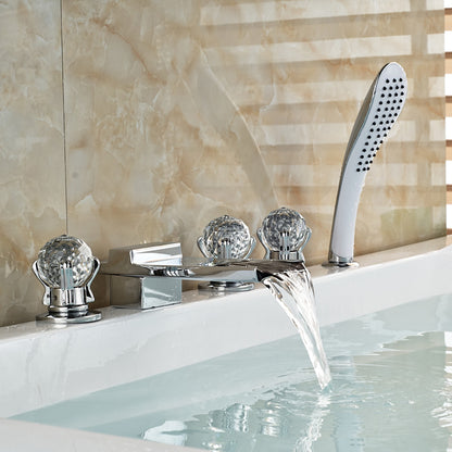 Paris Crystal Handle Chrome Finish Waterfall Bathtub Faucet with Pullout Handheld Shower