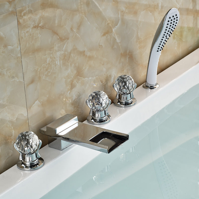 Paris Crystal Handle Chrome Finish Waterfall Bathtub Faucet with Pullout Handheld Shower