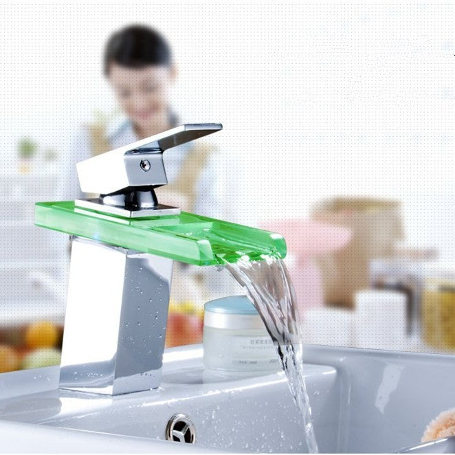 Juno 8" Widespread Single Handle Chrome Finish Color Changing LED Waterfall Bathroom Sink Faucet