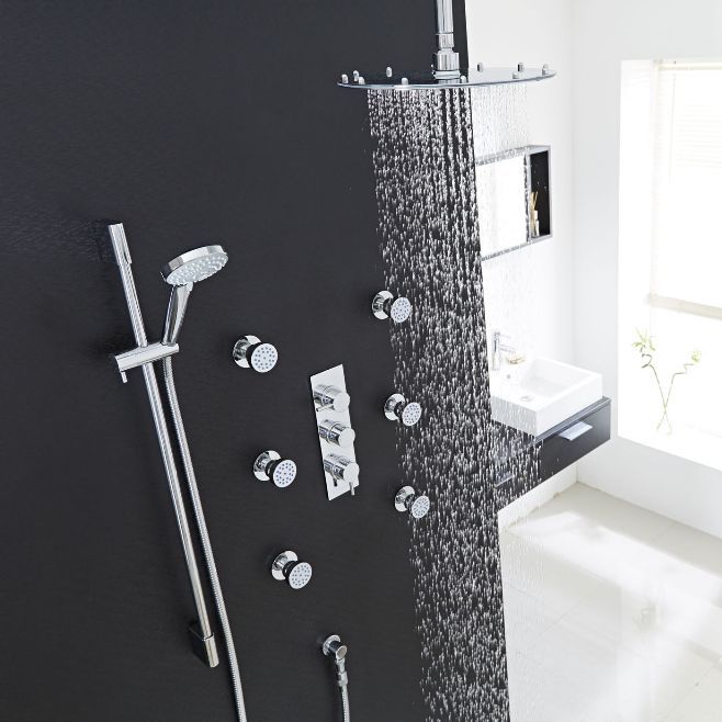 Milano Chrome Finish Ceiling Mount Shower Head with 6 Body Jets & Hand Shower