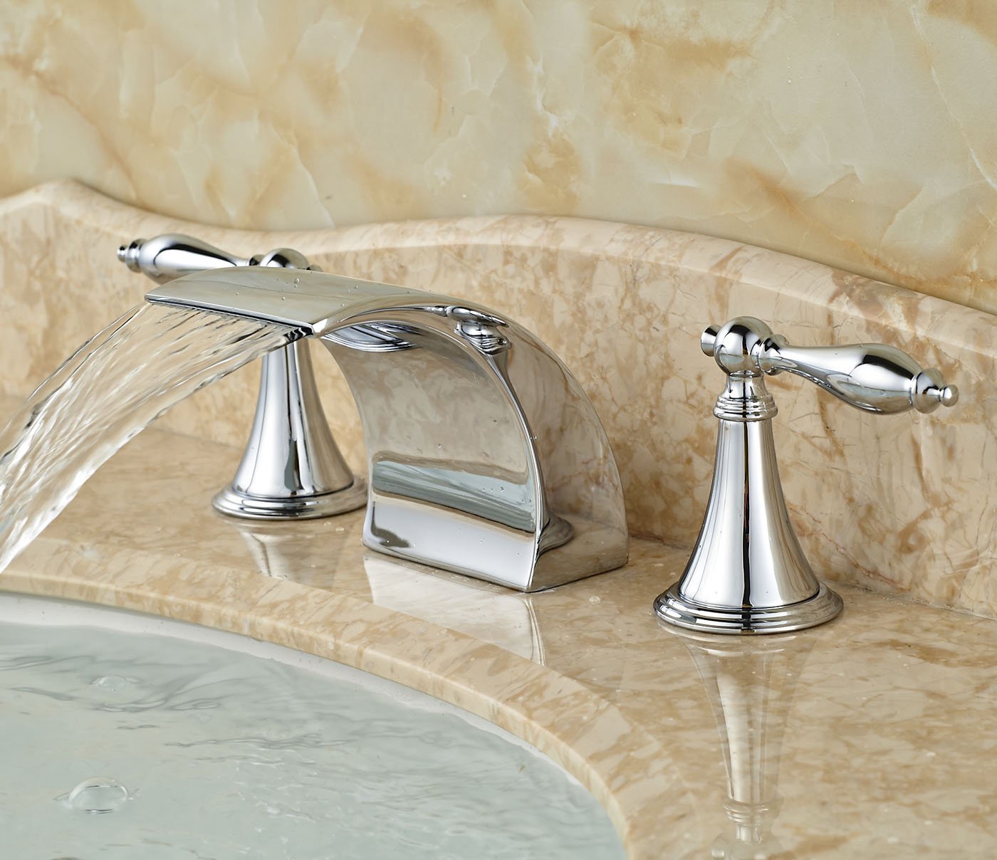Belem Chrome Finish Dual Handle Widespread Waterfall Sink Faucet