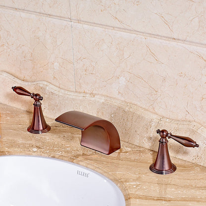 Belem Copper Finish Dual Handle Widespread Waterfall Sink Faucet