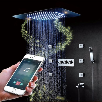 Juno Musical Curved Waterfall Rainfall Ceiling Mount Phone Control LED Shower Head With Mixer
