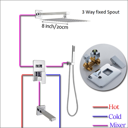 3 Functions Rain Shower Head Chrome Finish Wall Mount with Rotating Tub Spout
