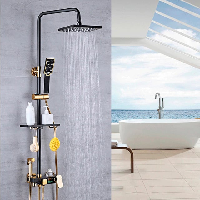 Juno Featured Black & Gold Rain Shower System Thermostatic LED Digital Display Mixer With Tub Spout & Handheld Shower