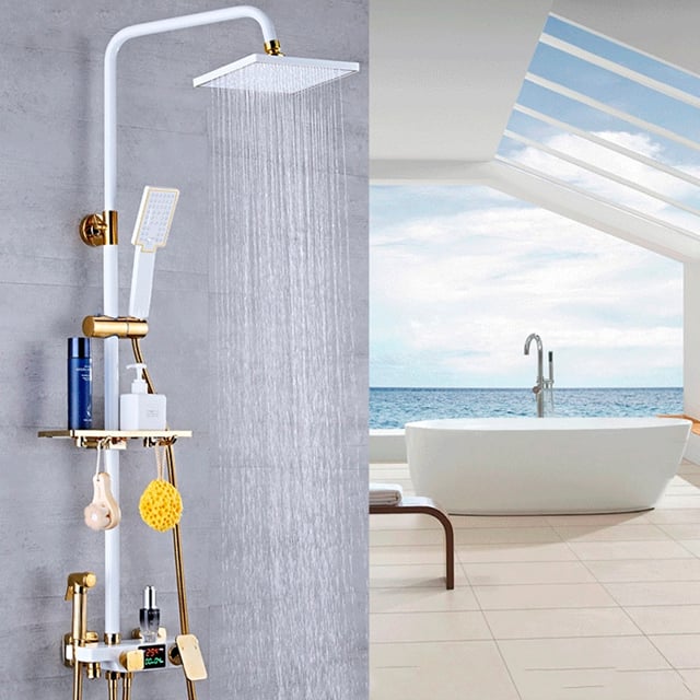 Juno White & Gold Rain Thermostatic LED Digital Display Mixer Shower System With Tub Spout & Handheld Shower