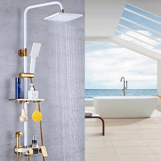 Juno White & Gold Rain Thermostatic LED Digital Display Mixer Shower System With Tub Spout & Handheld Shower