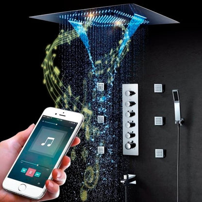 Juno Musical Rectangular Chrome Finish Ceiling Mount Phone Control LED Shower Head