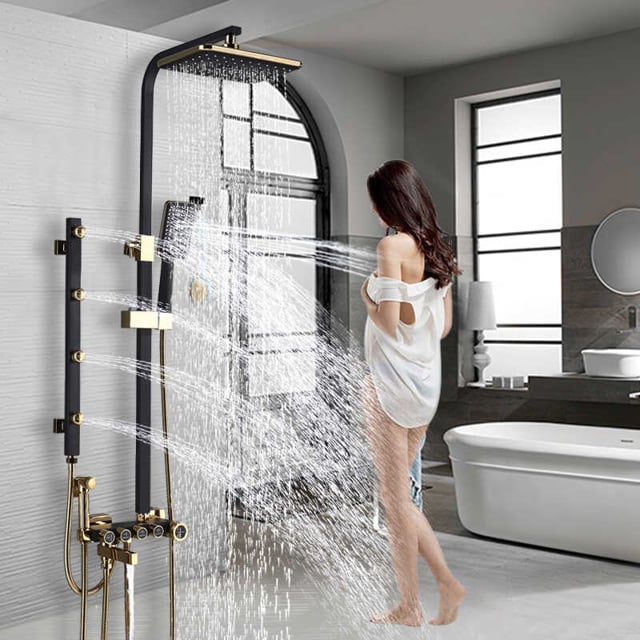 Luxury Black & Gold Shower Panel Set Modern Bidet Shower Shelf 