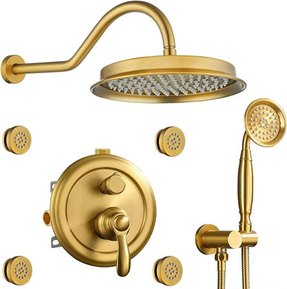Antique Brass 9 Inch Thermostatic Rainfall Shower System Handheld Spray Faucet Sets Brushed Finish