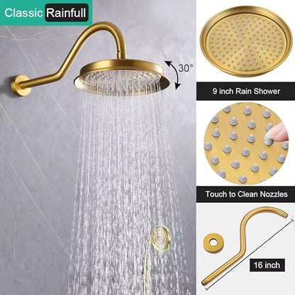 Antique Brass 9 Inch Thermostatic Rainfall Shower System Handheld Spray Faucet Sets Brushed Finish