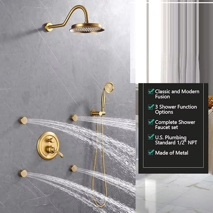 Antique Brass 9 Inch Thermostatic Rainfall Shower System Handheld Spray Faucet Sets Brushed Finish