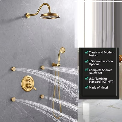 Antique Brass 9 Inch Thermostatic Rainfall Shower System Handheld Spray Faucet Sets Brushed Finish