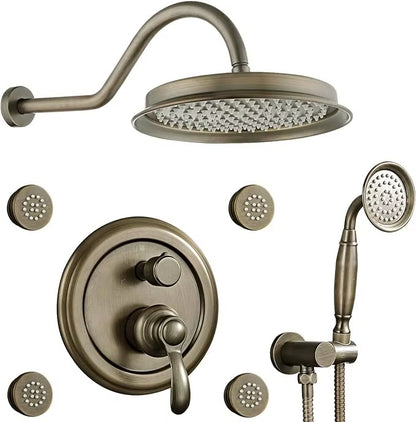 Antique Brass 9 Inch Thermostatic Rainfall Shower System Handheld Spray Faucet Sets Brushed Finish