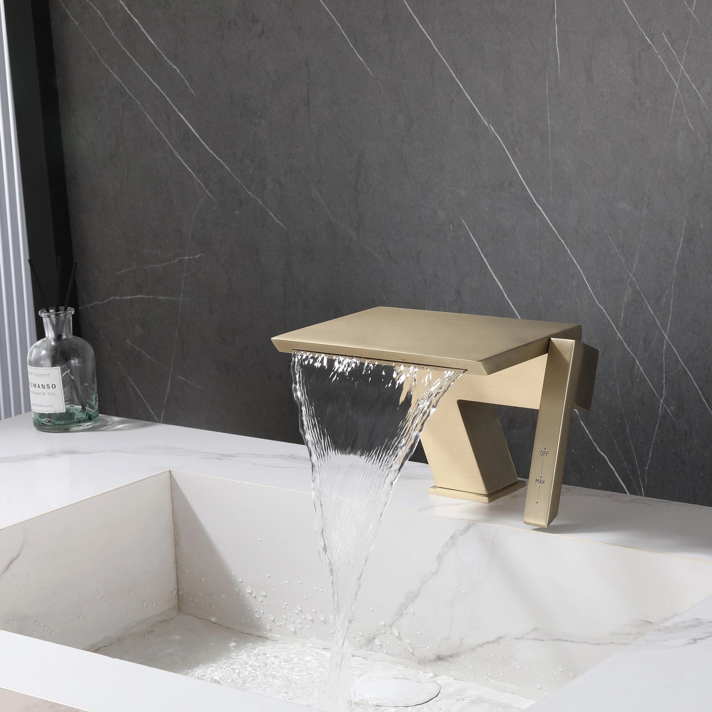 Juno Single-Hole Brushed Gold Finish Bathroom Basin Faucets Creative Waterfall Design for Hot Cold Water