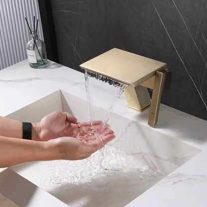 Juno Single-Hole Brushed Gold Finish Bathroom Basin Faucets Creative Waterfall Design for Hot Cold Water