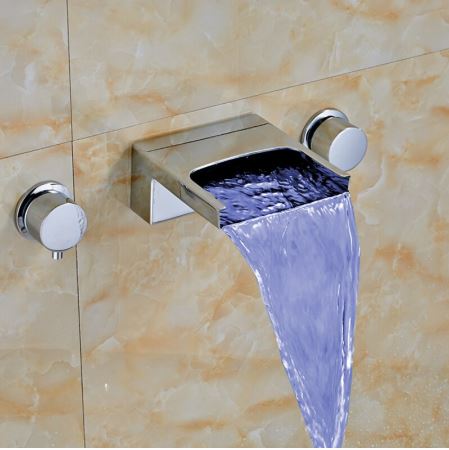 Juno Modern Waterfall Wall Mount Color Changing LED Bathroom Sink Faucet