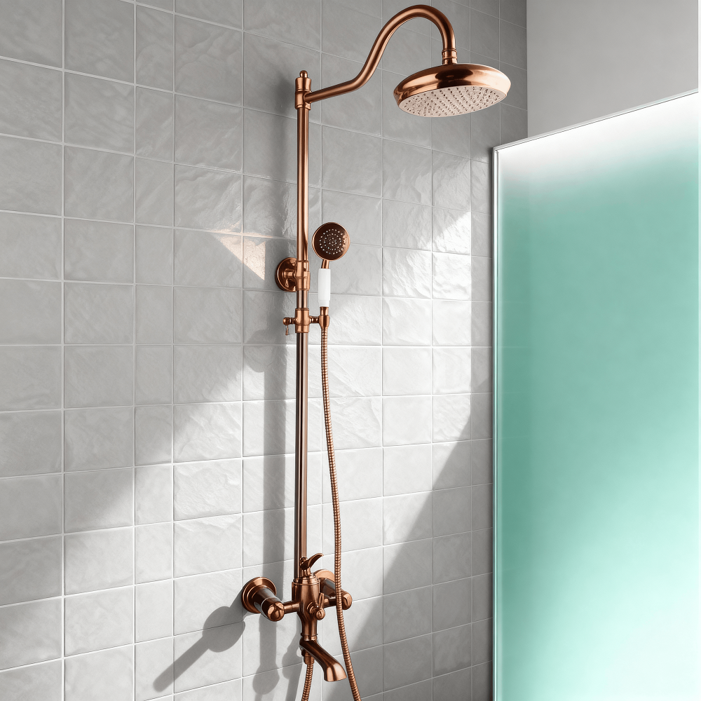 Juno New Luxury Rose Gold Rain Shower System with Swivel Bathtub Mixer Tap
