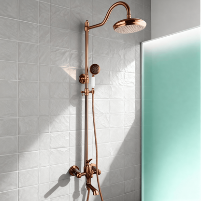 Juno New Luxury Rose Gold Rain Shower System with Swivel Bathtub Mixer Tap