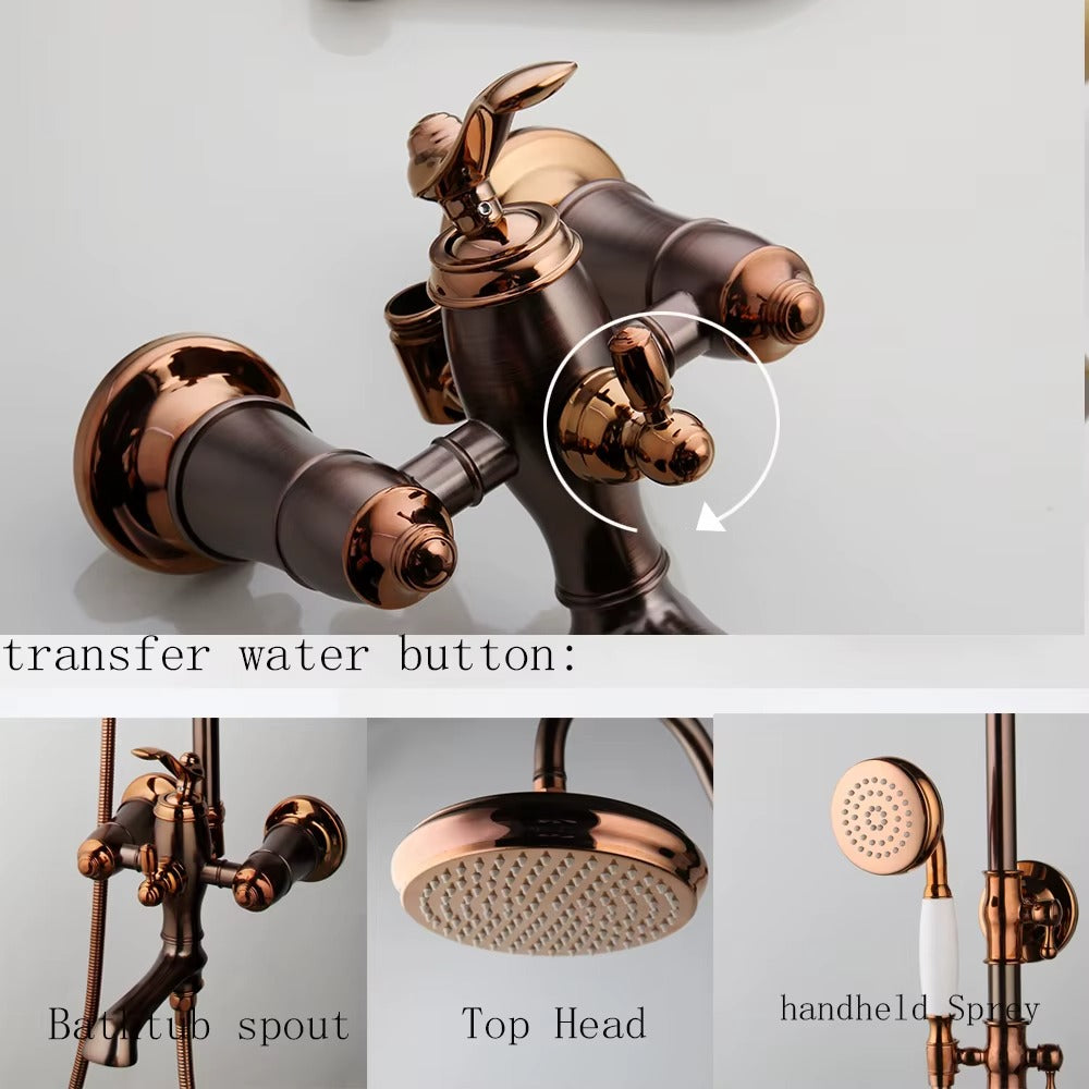 Juno New Luxury Rose Gold Rain Shower System with Swivel Bathtub Mixer Tap