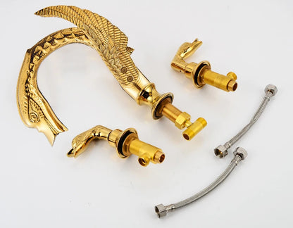 Juno Swan Gold Finish Dual Handle Wall Mount Brass Bathroom Sink Faucet