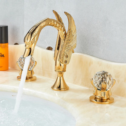 Juno Swan Gold Finish Dual Handle Wall Mount Brass Bathroom Sink Faucet