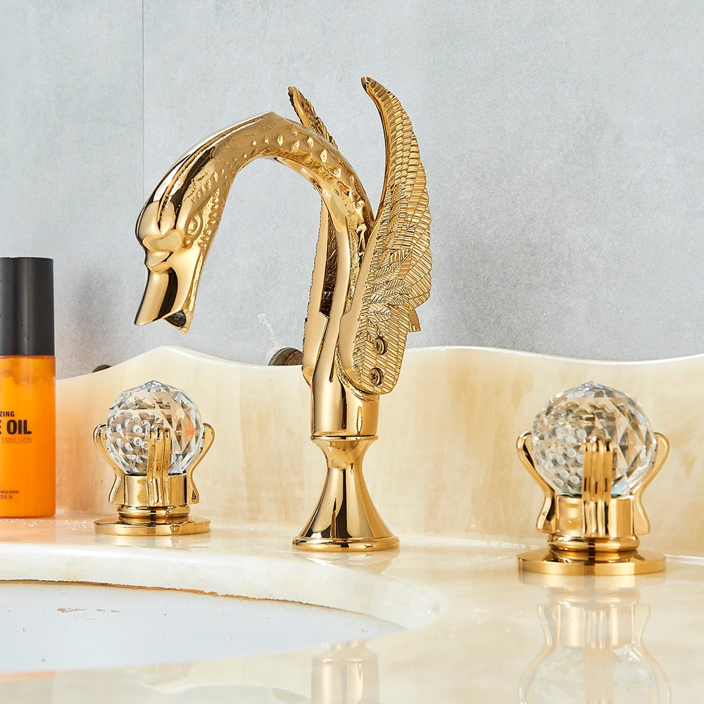 Juno Swan Gold Finish Dual Handle Wall Mount Brass Bathroom Sink Faucet