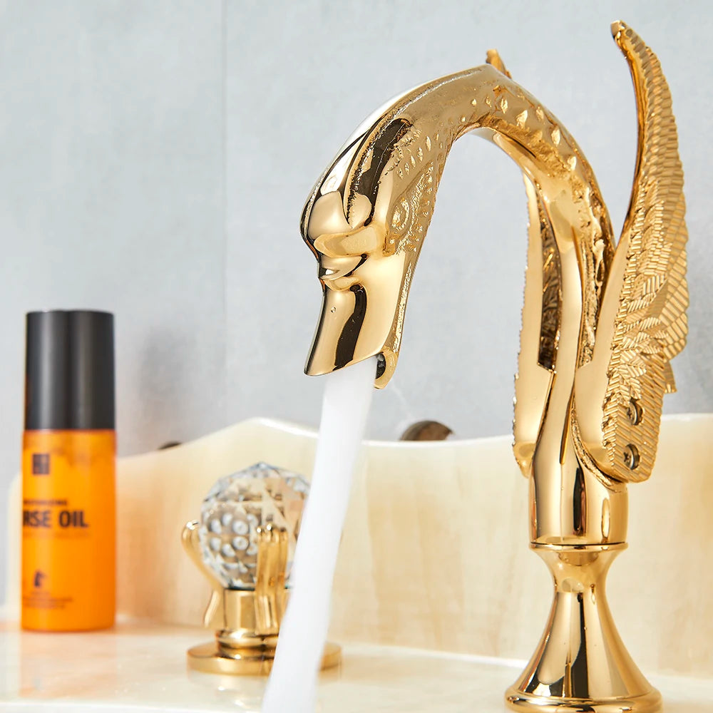 Juno Swan Gold Finish Dual Handle Wall Mount Brass Bathroom Sink Faucet