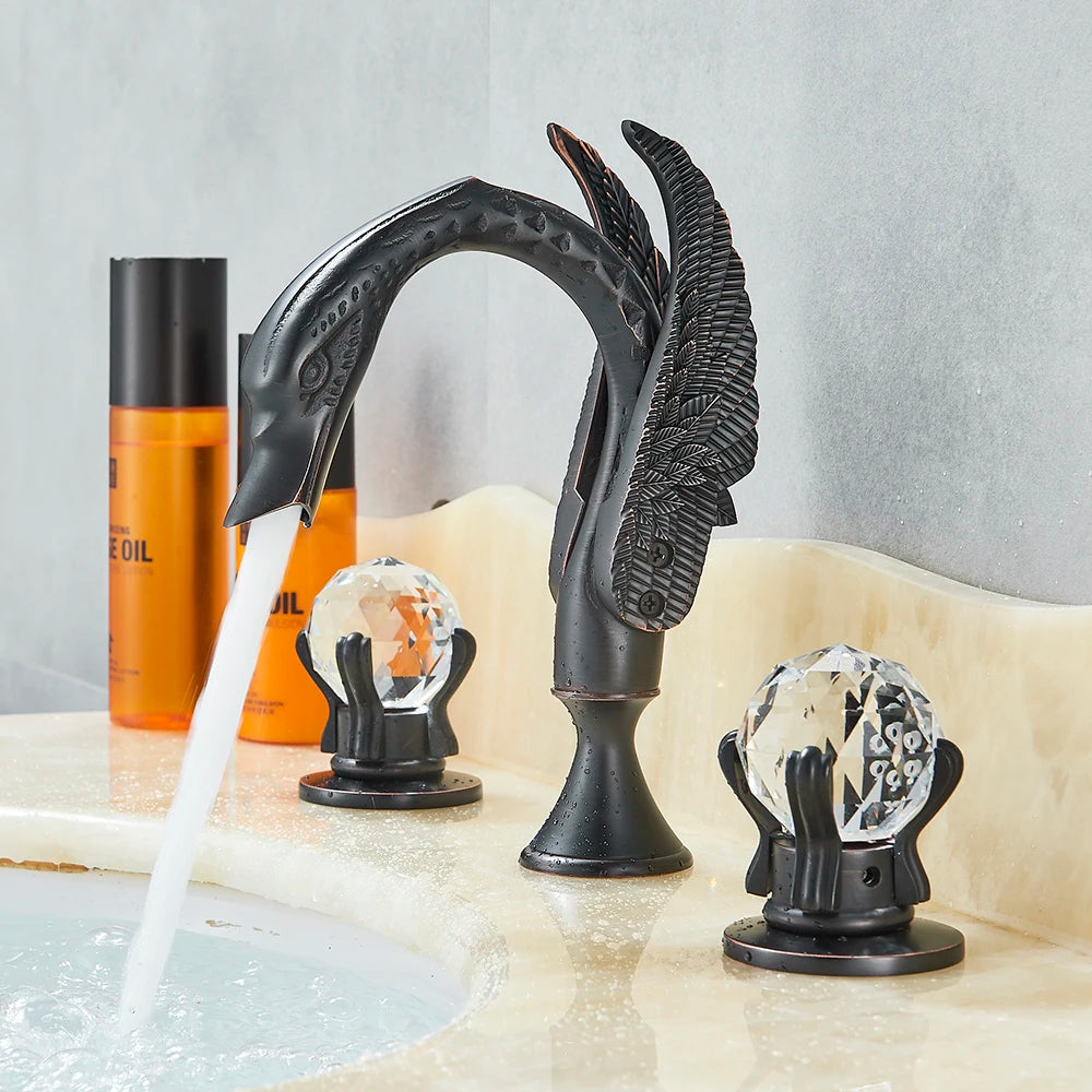 Juno Swan Gold Finish Dual Handle Wall Mount Brass Bathroom Sink Faucet