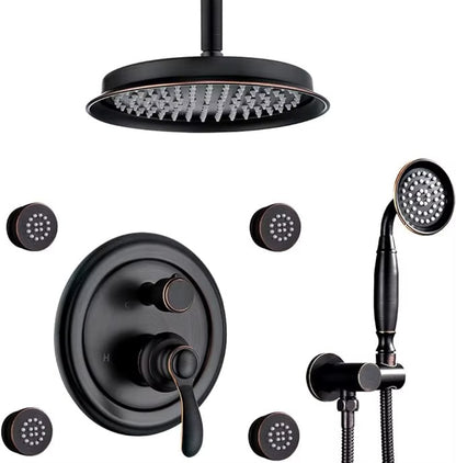 Antique Brass 9 Inch Thermostatic Rainfall Shower System Handheld Spray Faucet Sets Brushed Finish