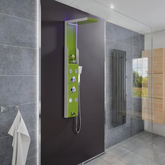 Juno New Design Green Finish Stainless Steel Rainfall LED Shower Panel with Handheld Shower 4 Body Jets