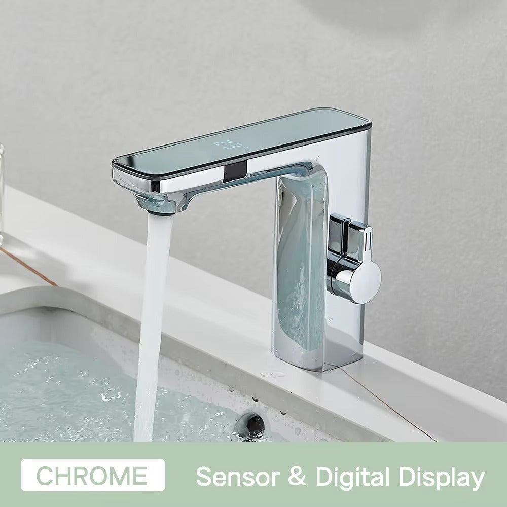 Touchless Bathroom Sink Faucet Smart Digital Display Hot Cold Water Mixer Tap Crane