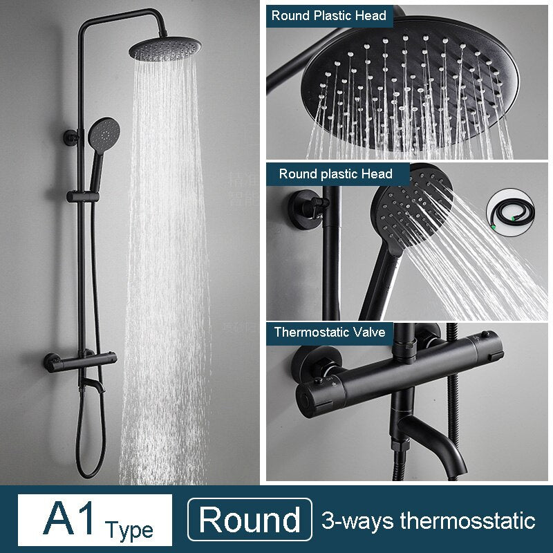 Juno 3 Way Matte Black Rainfall Thermostatic Bathroom Shower Column