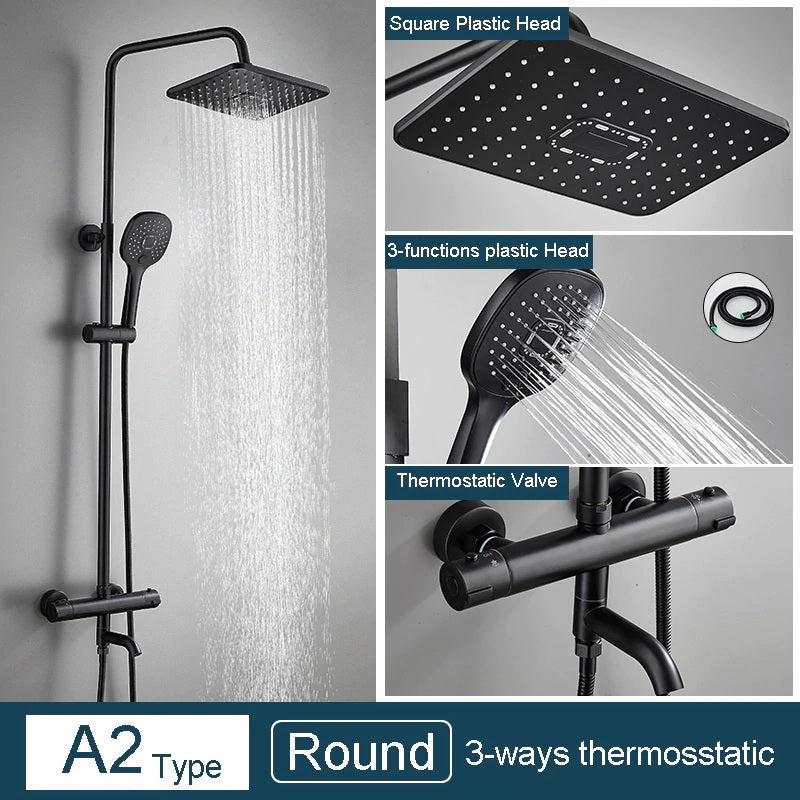 Juno 3 Way Matte Black Rainfall Thermostatic Bathroom Shower Column