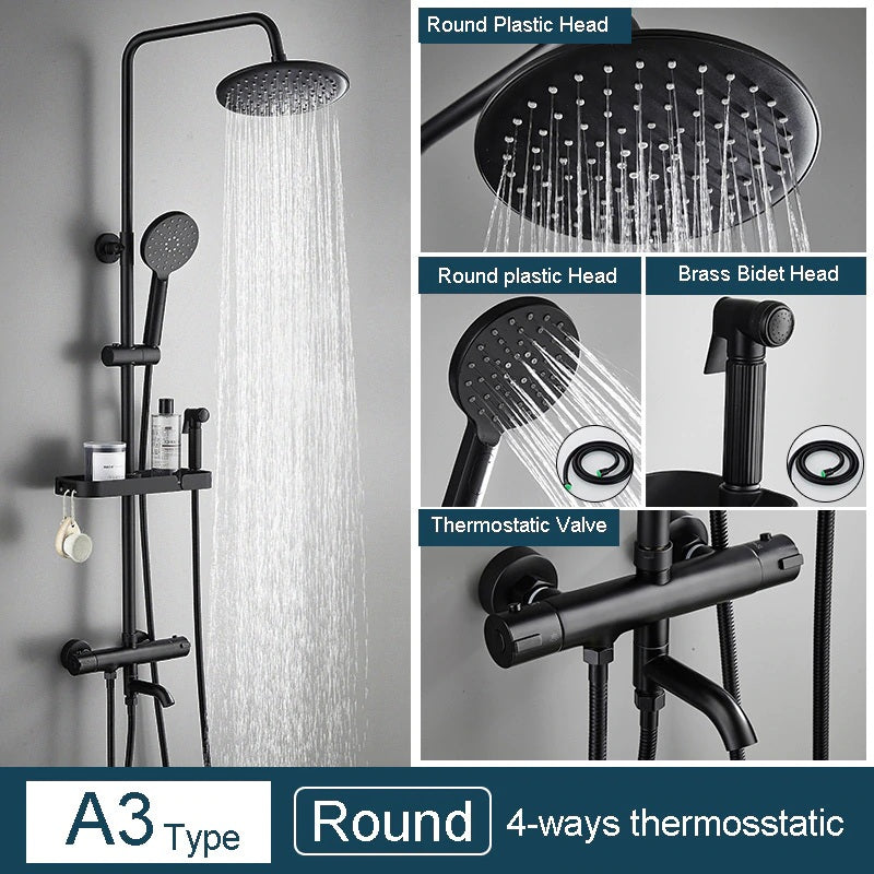 Juno 3 Way Matte Black Rainfall Thermostatic Bathroom Shower Column