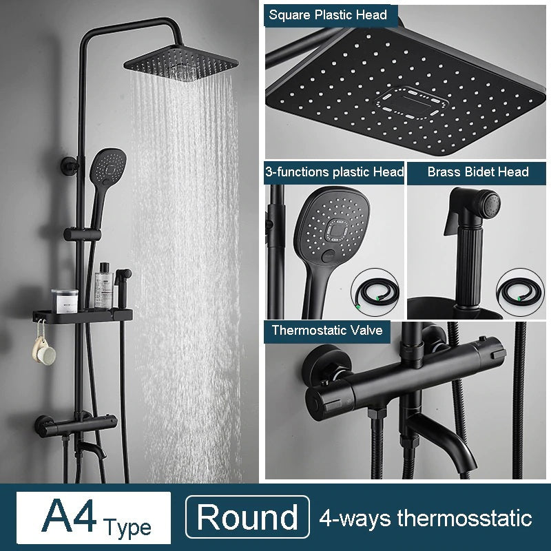 Juno 3 Way Matte Black Rainfall Thermostatic Bathroom Shower Column