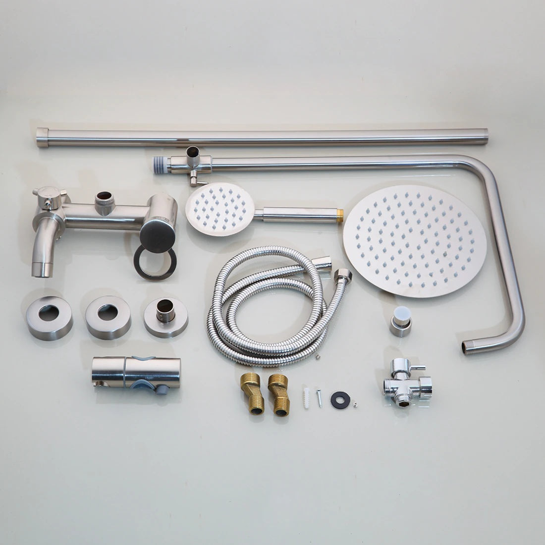 Juno 8 Inch Brushed Nickel Wall Mount 3 Function Rain Shower Head Handheld Spray Bathroom Shower Set