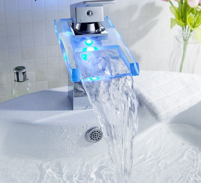 Juno 8" Widespread Single Handle Chrome Finish Color Changing LED Waterfall Bathroom Sink Faucet