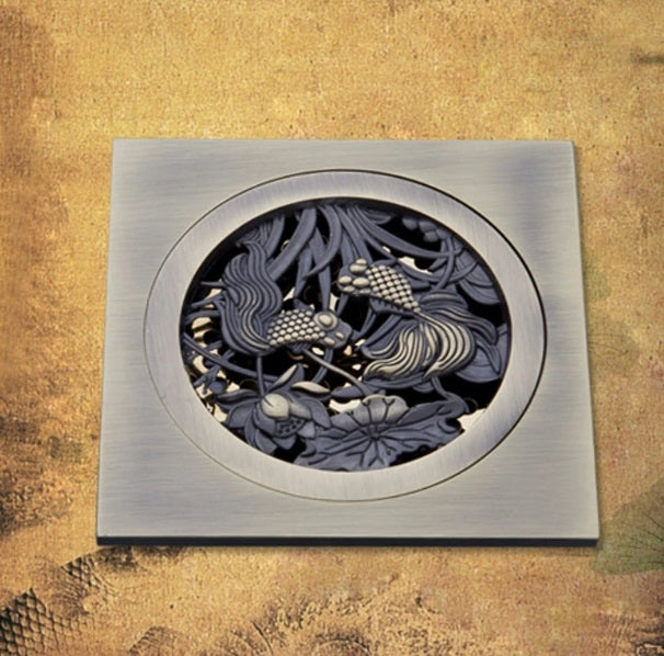 Amazing Antique Artistic Carved Fish 4 Inch Square Shower Drain