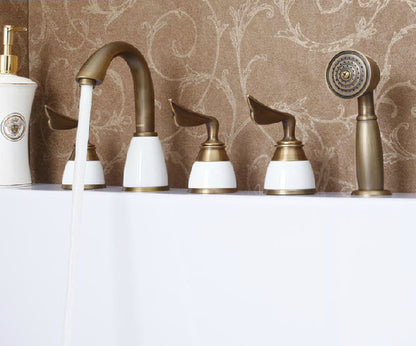 Antique Brass Finish Deck Mount Bathtub Faucet with Handheld shower Spray