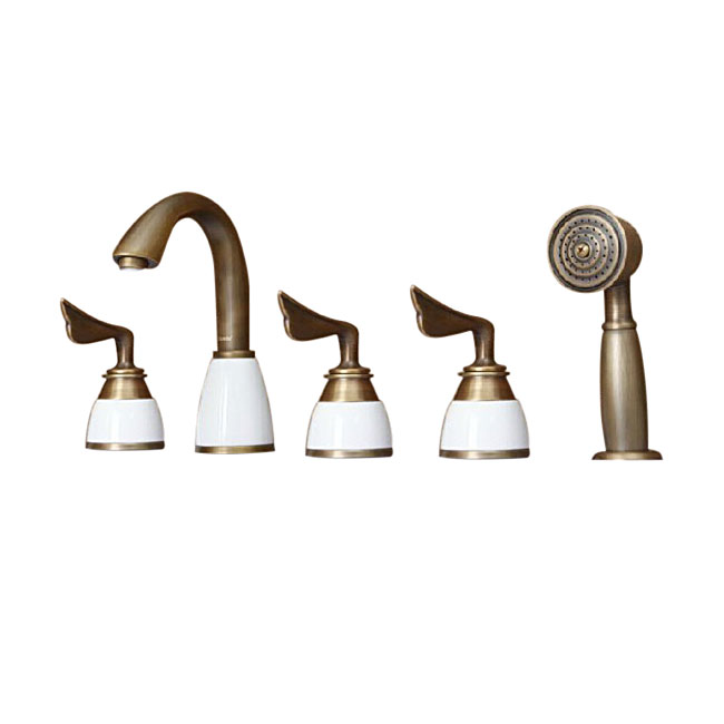Antique Brass Finish Deck Mount Bathtub Faucet with Handheld shower Spray